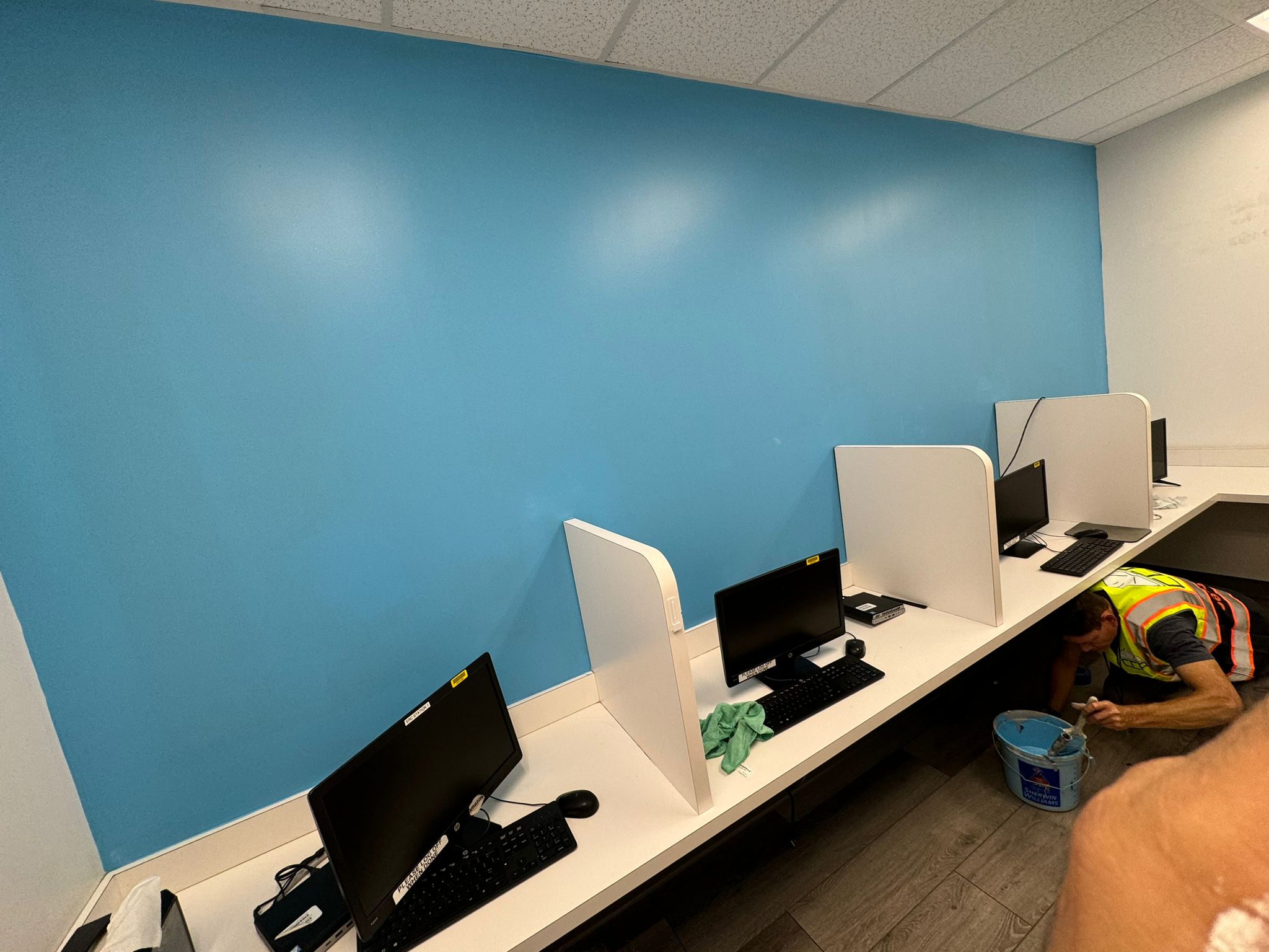 Commercial office after — bright blue feature wall, clean finish