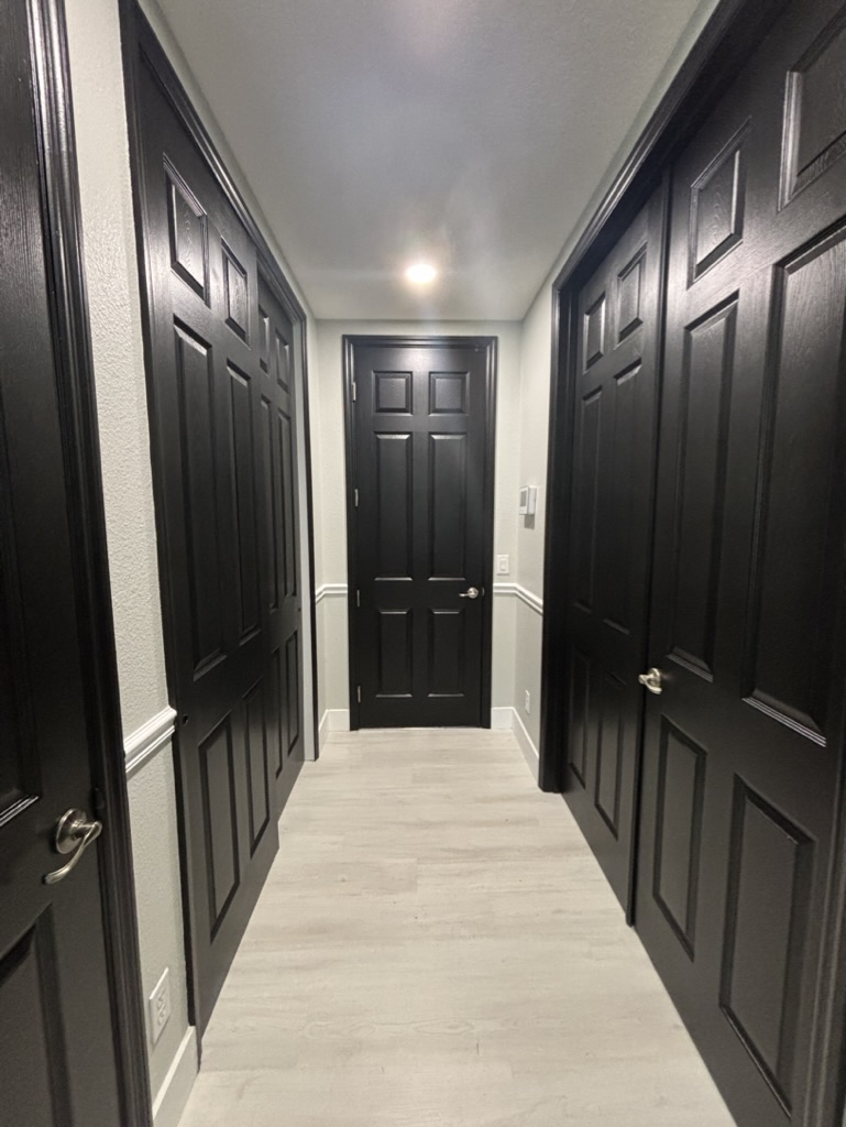 Interior doors refinished in a sleek matte black with light flooring